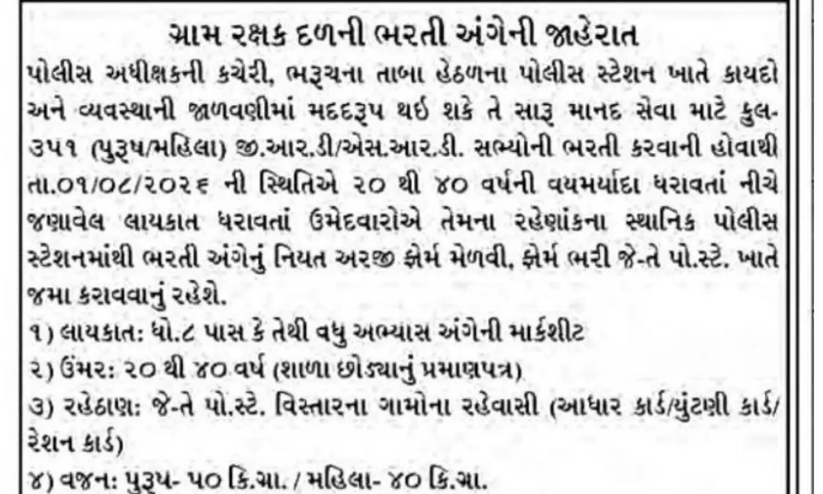 Bharuch Police Mitra Recruitment 2026: 350 Posts, Eligibility, Age Limit, Apply Offline